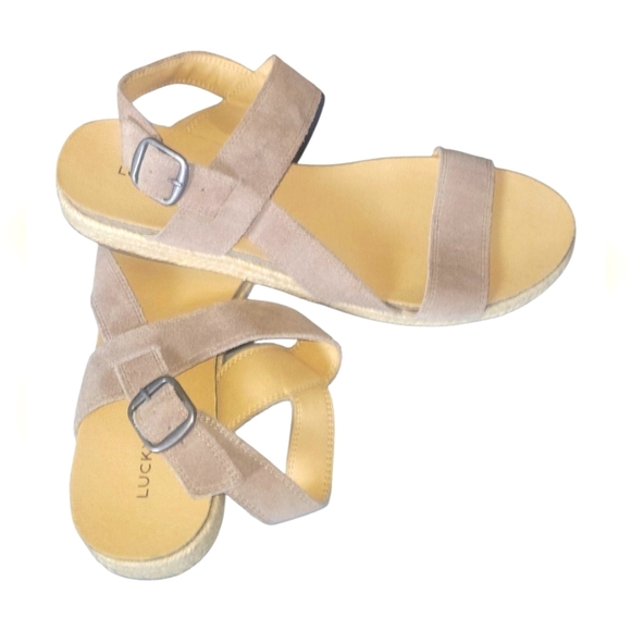 Lucky Brand Gadine Leather Upper Women's Taupe Suede Sandals Sz 9 1/2 M/41 - Picture 7 of 10